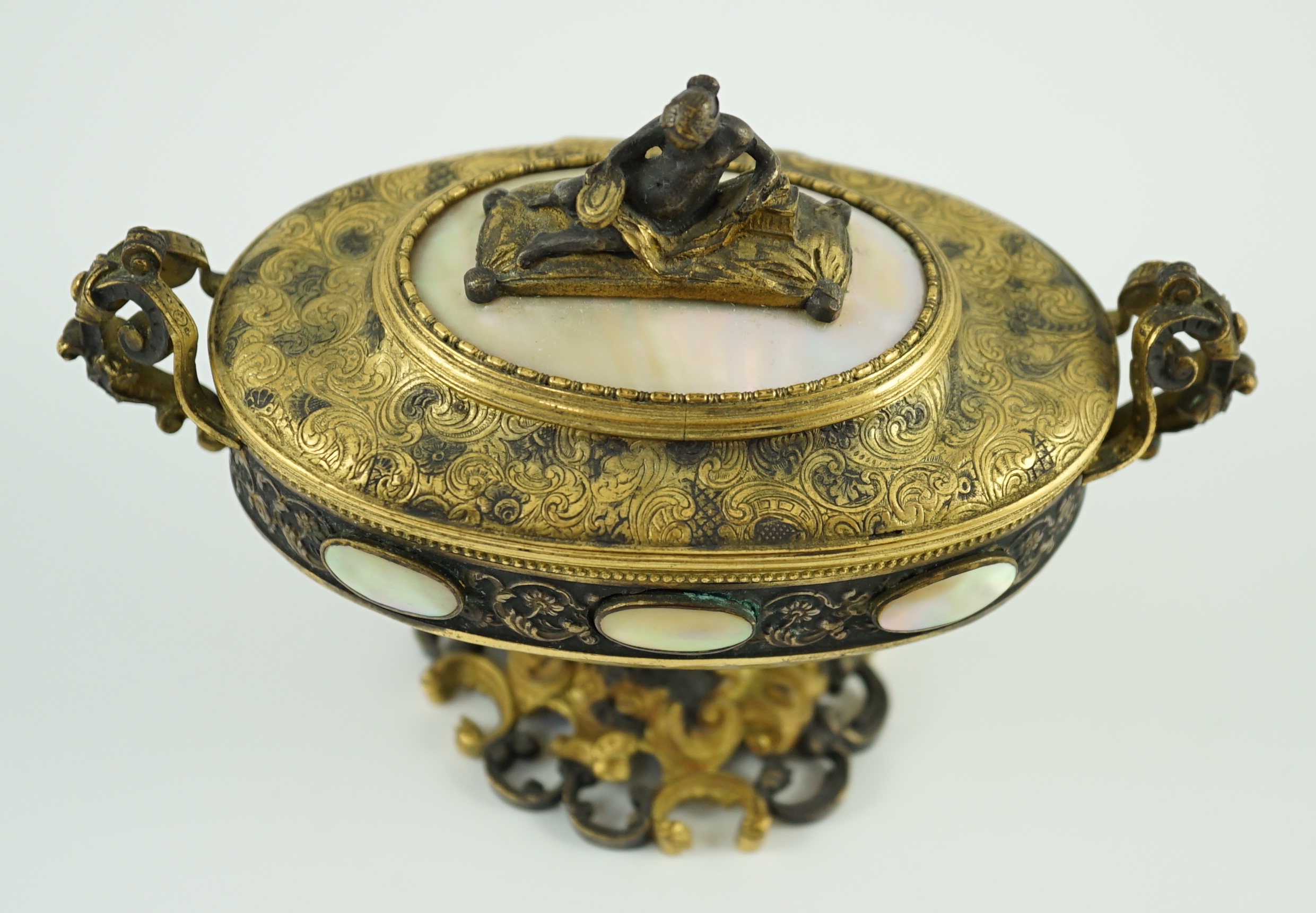 A 19th century Italian silvered and ormolu mounted mother of pearl casket, width 15cm, depth 7cm, height 11cm